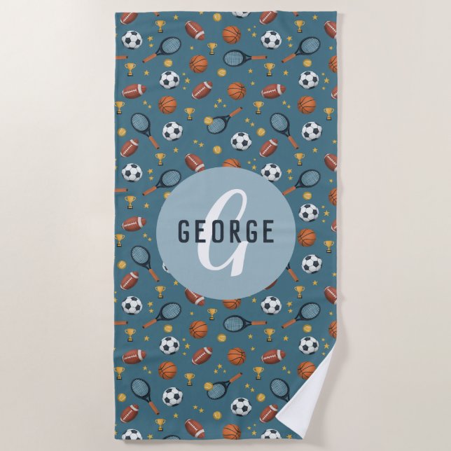 Boys Cute Blue Sports Monogram Kids Beach Towel (Front)