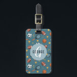Boys Cute Blue Sports Monogram Kids Luggage Tag<br><div class="desc">This cute blue custom kids luggage tag design features a blue cartoon sports pattern,  with a basketball,  soccer ball,  football,  tennis racket,  and trophy. There is also space for you to add your boys name and monogram in a beautiful font. The perfect sports themed gift for any activity lover.</div>