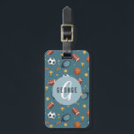 Boys Cute Blue Sports Monogram Kids Luggage Tag<br><div class="desc">This cute blue custom kids luggage tag design features a blue cartoon sports pattern,  with a basketball,  soccer ball,  football,  tennis racket,  and trophy. There is also space for you to add your boys name and monogram in a beautiful font. The perfect sports themed gift for any activity lover.</div>