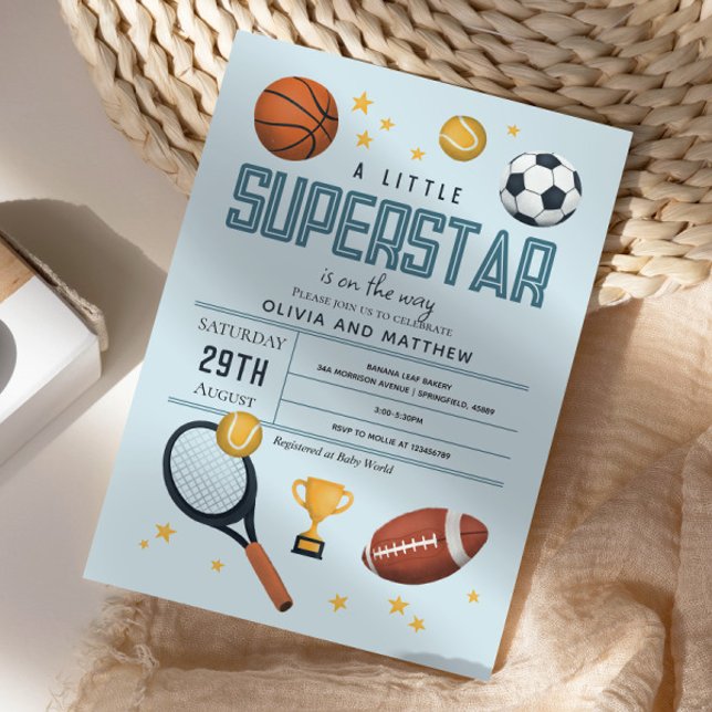 Boys Cute Blue Sports Superstar Baby Shower Invitation (Creator Uploaded)