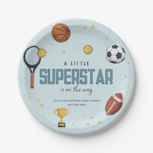 Boys Cute Blue Sports Superstar Baby Shower Paper Plate