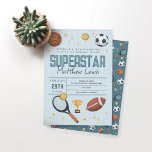 Boys Cute Blue Sports Superstar Kids 2nd Birthday Invitation<br><div class="desc">This cute and modern boys 2nd birthday invitation design features a blue superstar sports cartoon design, with a basketball, football, soccer ball, tennis racket, trophy, and stars. The invite can be personalised with your child’s name and other details necessary for your party, and can also be edited for other ages....</div>
