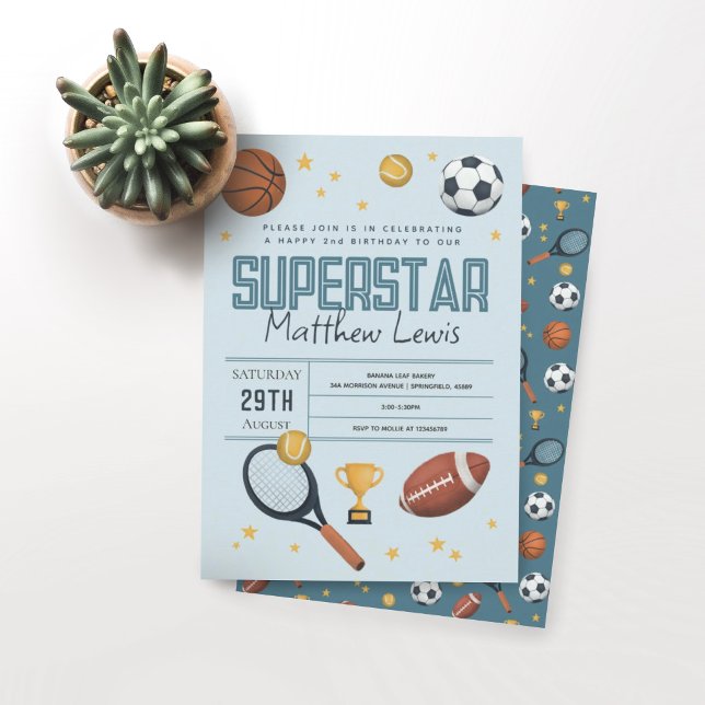Boys Cute Blue Sports Superstar Kids 2nd Birthday Invitation (Creator Uploaded)