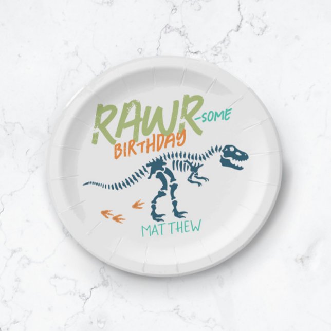 Boys Cute Blue T-Rex Dinosaur Dig Kids Birthday Paper Plate (Creator Uploaded)