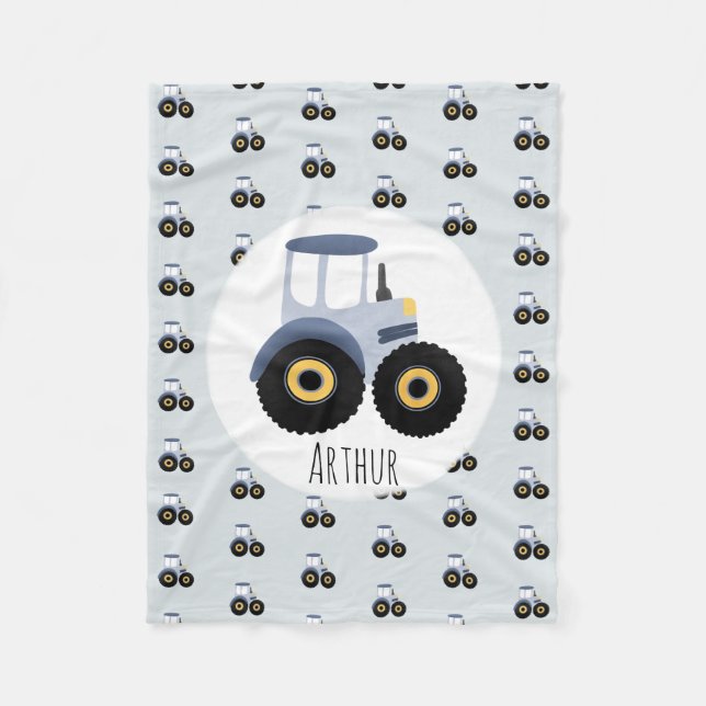 Boy's Cute Blue Tractor Pattern & Name Children's Fleece Blanket (Front)