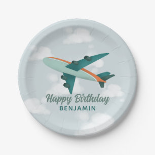 Boys Cute Blue Transport Airplane Kids Birthday Paper Plate