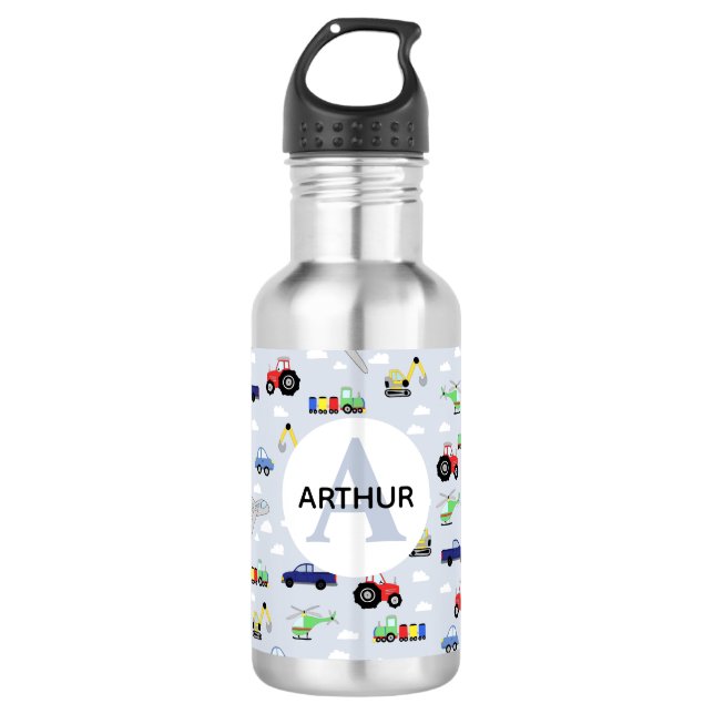 Boys Cute Blue Transport Train and Car Kids School 532 Ml Water Bottle (Front)