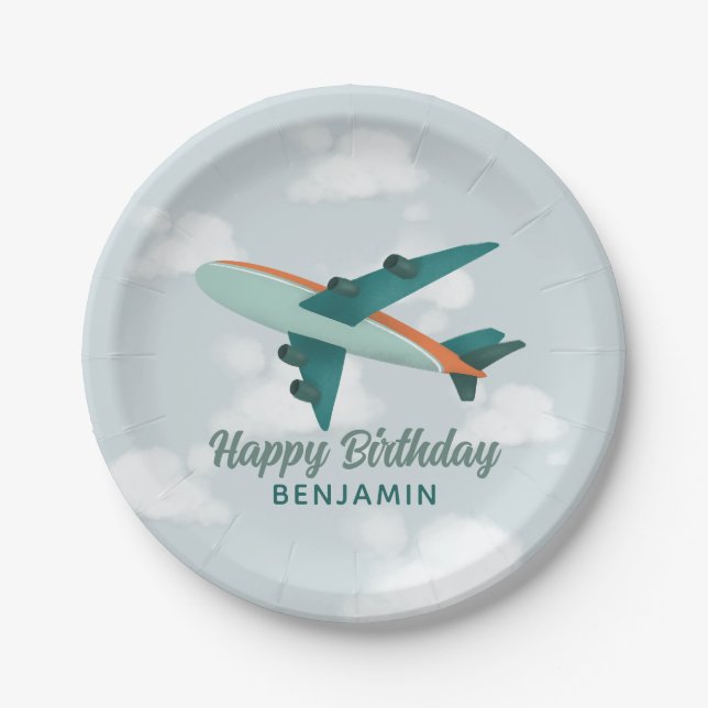 Boys Cute Blue Travel Aeroplane Kids Birthday Paper Plate (Front)