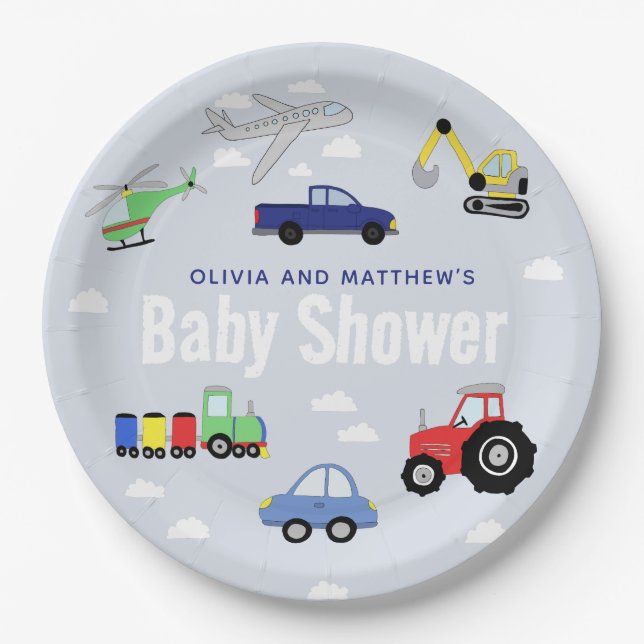 Boys Cute Blue Travel Car Baby Shower Paper Plate (Front)