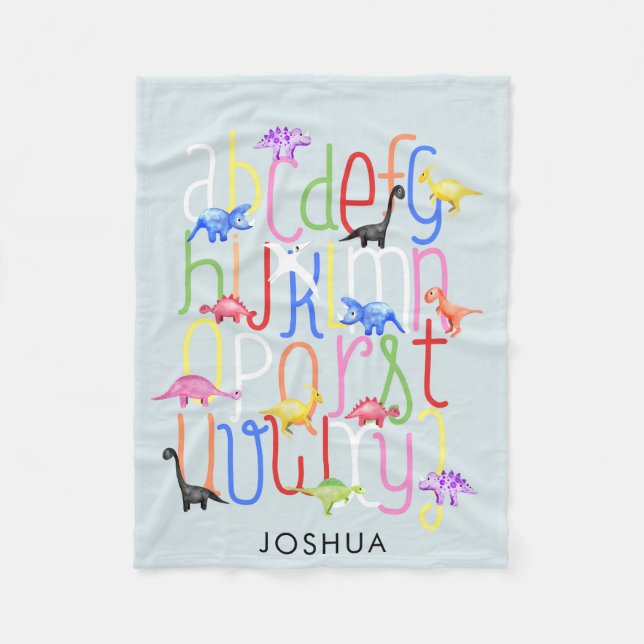 Boys Cute Blue Watercolor Dinosaur Alphabet Kids Fleece Blanket (Front)