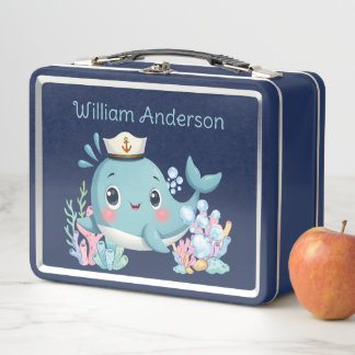 Boys Cute Blue Whale Kids School  Metal Lunch Box