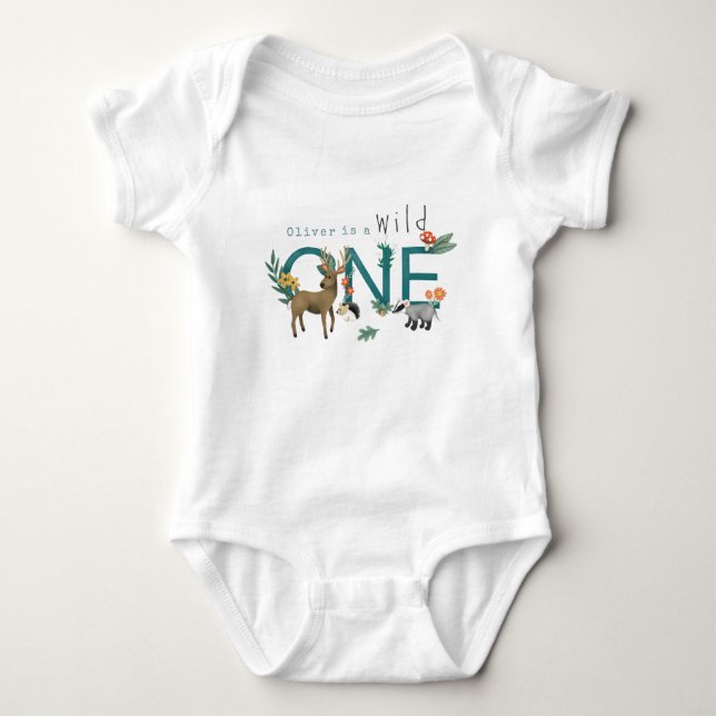 Boys Cute Blue Wild One Woodland 1st Birthday Baby Bodysuit (Front)