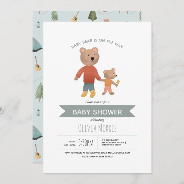 Boys Cute Blue Woodland Forest Bear Baby Shower Invitation (Front/Back)