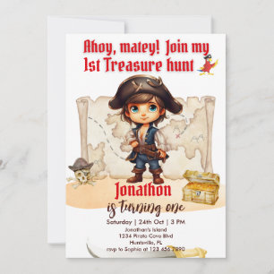 Boys Cute Brown Pirate 1st Birthday Party Invitation