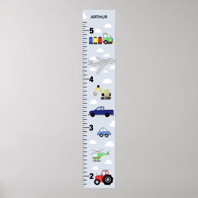 Boys Cute Car Truck Tractor Transport Growth Chart (Front)