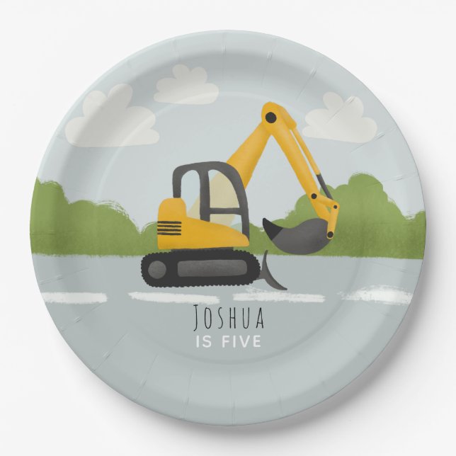 Boys Cute Construction Digger Kids Birthday Paper Plate (Front)
