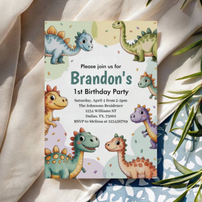 Boys Cute Dinosaur 1st Birthday Invitation (Creator Uploaded)