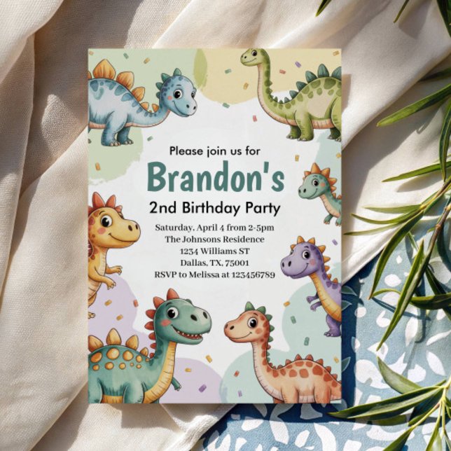 Boys Cute Dinosaur 2nd Birthday Invitation (Creator Uploaded)
