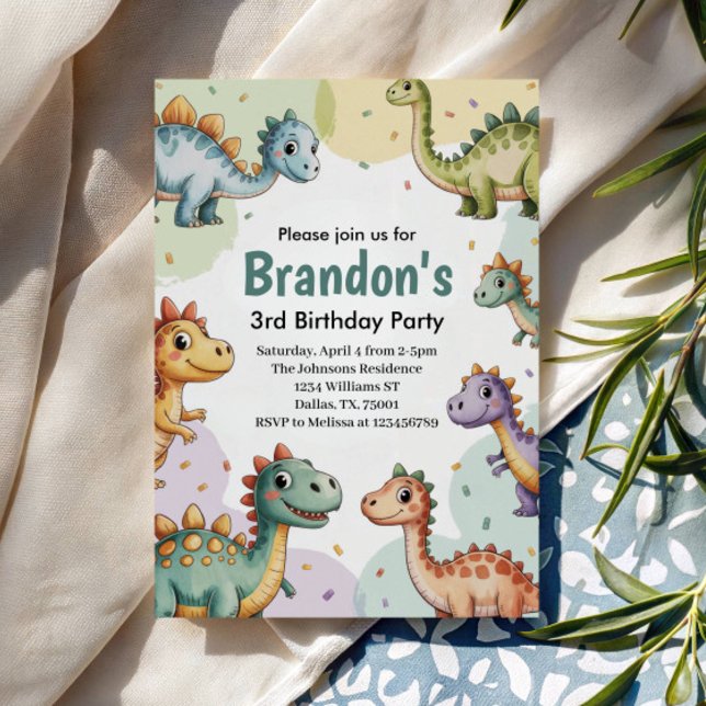 Boys Cute Dinosaur 3rd Birthday Invitation (Creator Uploaded)