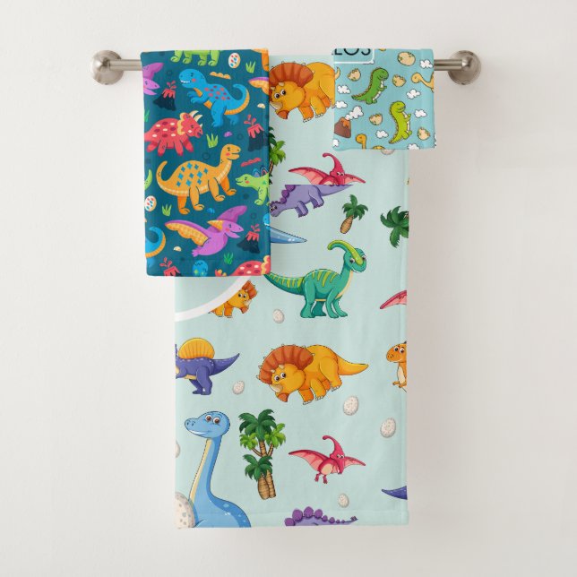Boys Cute  Dinosaur Pattern & Name Kids   Bath Towel Set (Insitu)