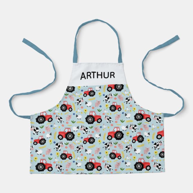 Boys Cute Farm Animal Pattern and Red Tractor Kids Apron (Front)