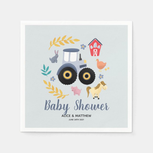 Boys Cute Farm Animals & Blue Tractor Baby Shower Napkin (Front)