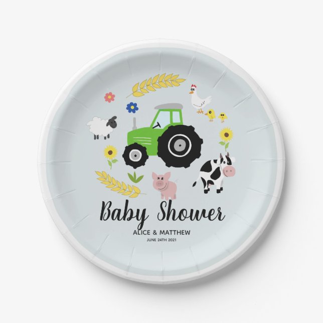 Boys Cute Farm Animals Green Tractor Baby Shower P Paper Plate (Front)