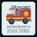 Boys Cute Fire Engine Truck Kids Bookplate Square Sticker<br><div class="desc">This cute and modern boys 'this book belongs' bookplate library design features a fire engine truck cartoon and a place for you to add your child's name. Perfect for any little one dreaming of being a firefighter! Great for your child's back-to-school supplies or as a stocking stuffer over Christmas. Check...</div>