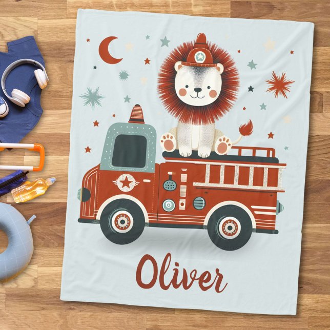 Boys' Cute Firefighter Lion on Fire Truck Fleece Blanket (Creator Uploaded)
