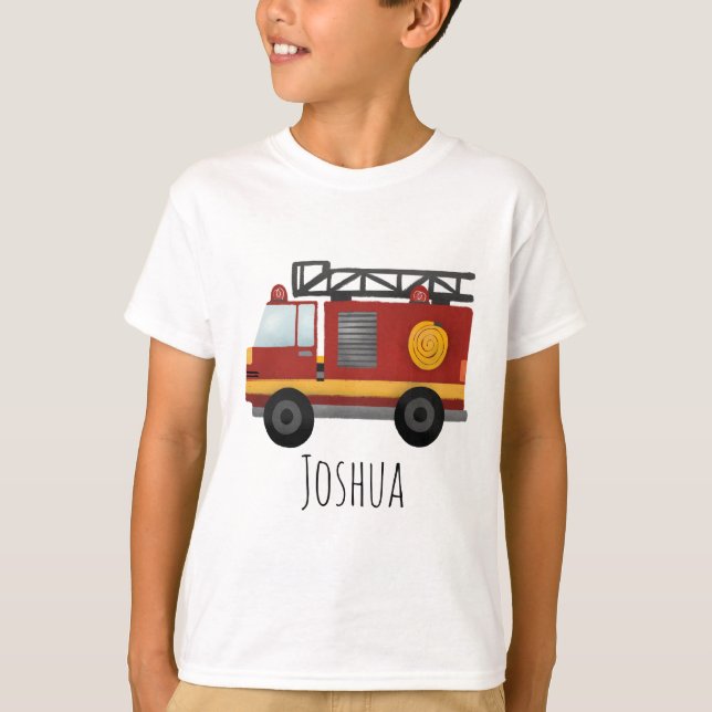 Boys Cute Fireman Fire Engine Truck and Name T-Shirt (Front)