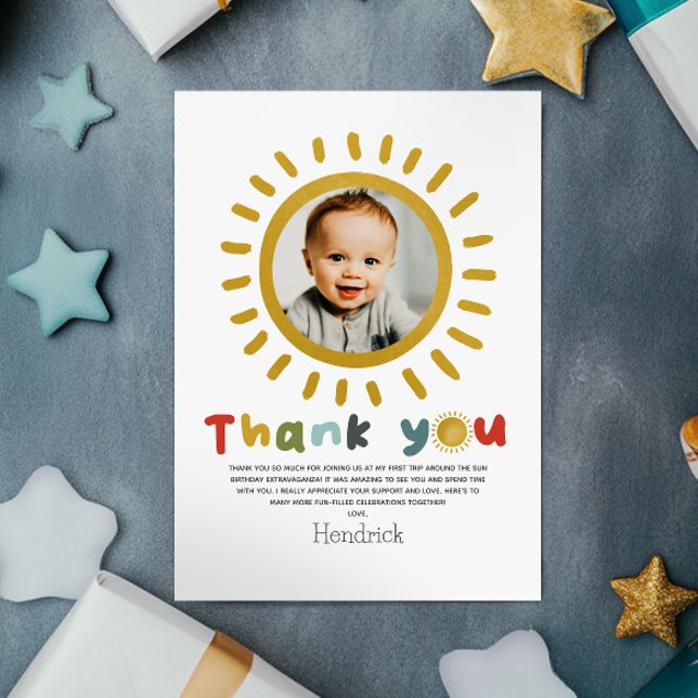 Boys Cute First Trip Around The Sun Photo Thank You Card (Creator Uploaded)