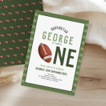Boys Cute Football Sports Kids 1st Birthday Invitation<br><div class="desc">This modern kid's 1st birthday invitation features a green sports design, with a cute football making the 'ONE", and a matching pattern on the back. The invite can be personalised with your boy's name and other details necessary for your party. The perfect sports-themed addition to your child's first American football...</div>