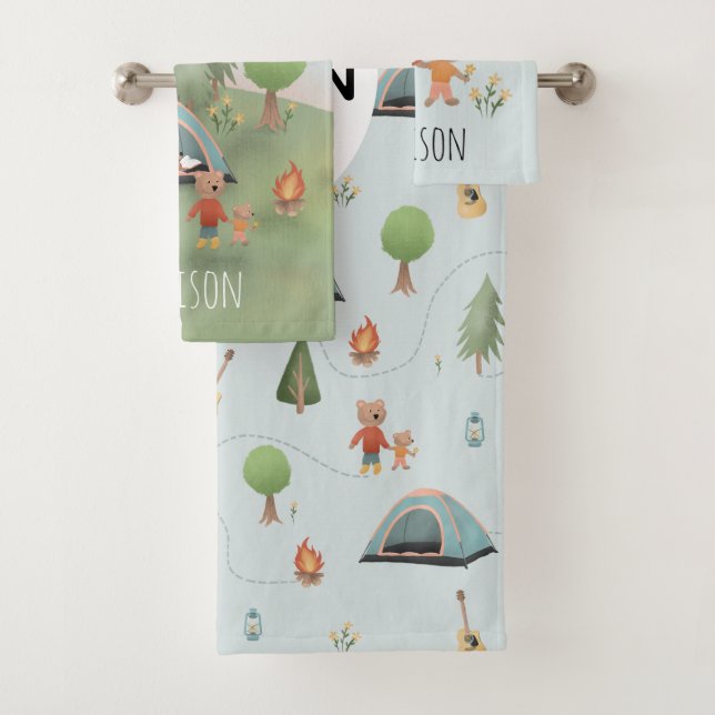 Boys Cute Forest Bears Camping Pattern & Name Kids Bath Towel Set (Insitu)