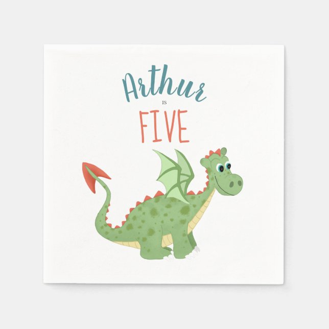 Boys Cute Green Dragon Toddler Birthday Napkin (Front)