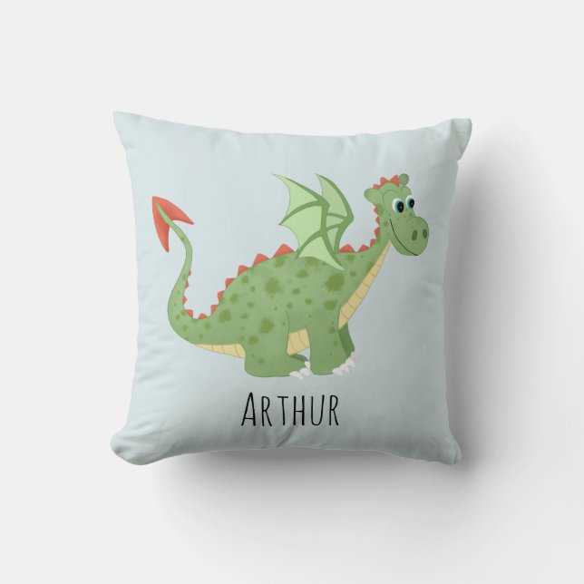 Boys Cute Green Magical Dragon Kids Cushion (Front)