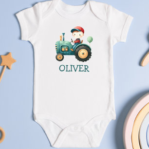 Boys' Cute Green Tractor Personalised Baby Bodysuit