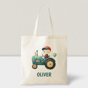 Boys' Cute Green Tractor Personalised Tote Bag