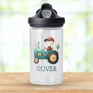 Boys' Cute Green Tractor Personalised Water Bottle