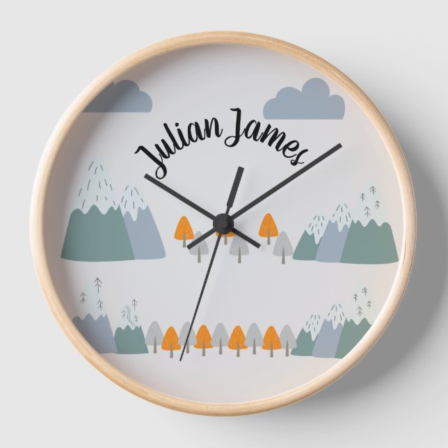 Boys Cute Grey Scandinavian Mountain  Clock (Front)