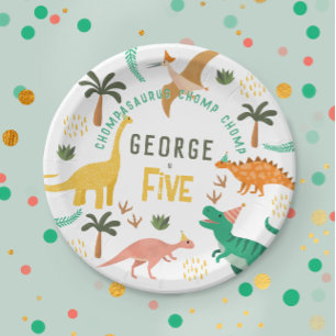 Boys Cute Jungle Dinosaur T-Rex Kids 5th Birthday Paper Plate