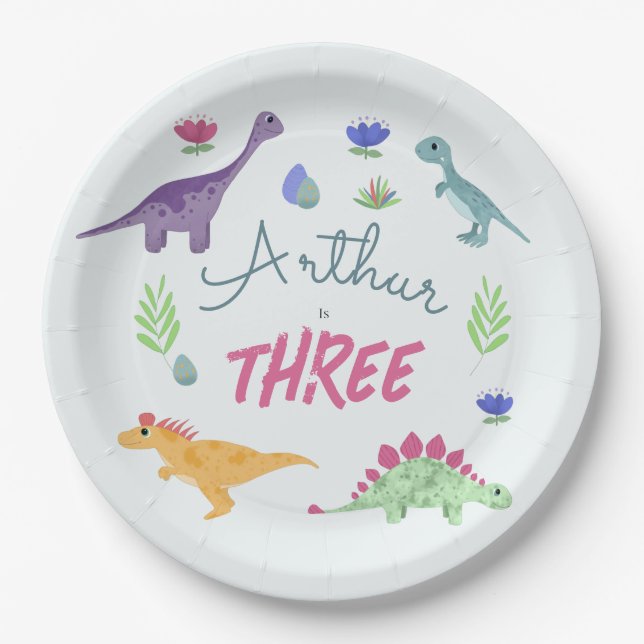 Boys Cute Jungle T-Rex Dinosaur Birthday Paper Plate (Front)
