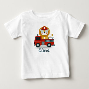 Boys' Cute Lion on a Fire Truck Personalised Baby T-Shirt