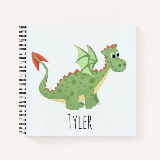 Boys Cute Magical Green Dragon and Name Kids Notebook (Front)
