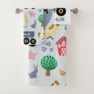Boys Cute & Modern Blue Farm Tractor Pattern Kids Bath Towel Set
