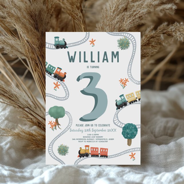 Boys Cute Modern Blue Train Travel Kids Birthday Invitation (Creator Uploaded)