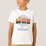 Boys Cute Modern Blue Train Travel Kids T-Shirt<br><div class="desc">This cute kids shirt features a blue and orange train travel illustration,  and space to add your boys name. Perfect for little train lovers! A great modern gift for your next kids birthday gift,  great for school or preschool.</div>