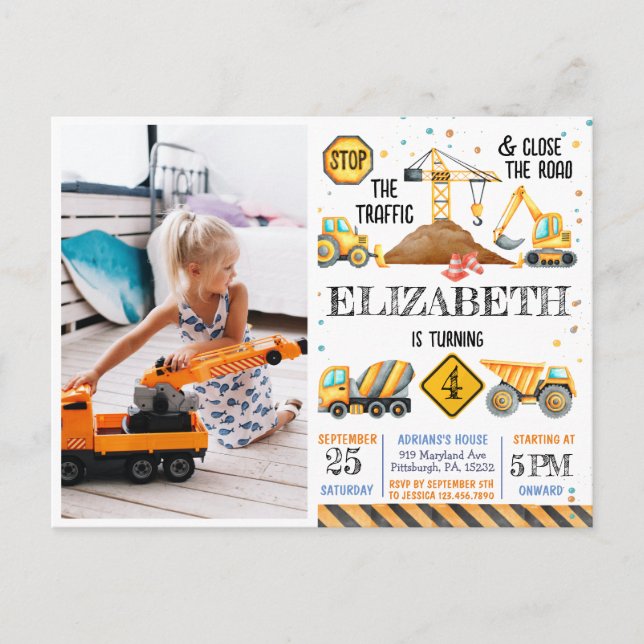 Boys Cute Modern Construction Kids Birthday  Postcard (Front)