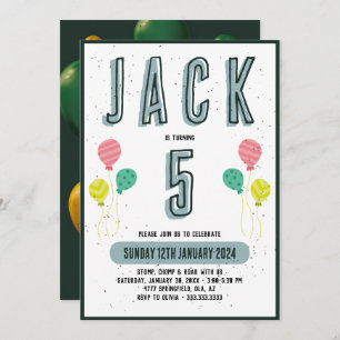 Boys Cute Modern Dark Green Theme Kids 5th Birthda Invitation