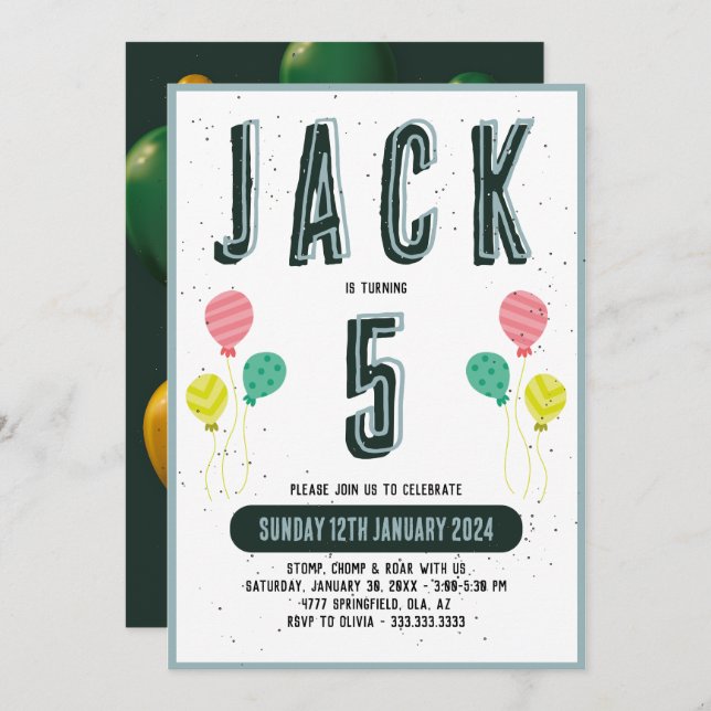 Boys Cute Modern Dark Green Theme Kids 5th Birthda Invitation (Front/Back)