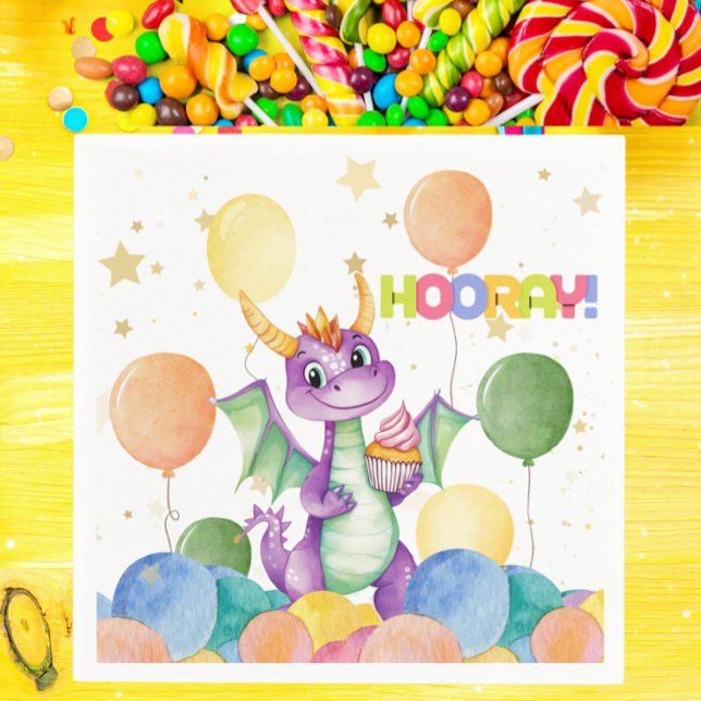 Boys Cute Modern Dragon Kids Birthday Napkin (Cute Dragon Birthday Party Napkin Watercolor Cupcake & Balloons - Hooray Theme - Kids Birthday)